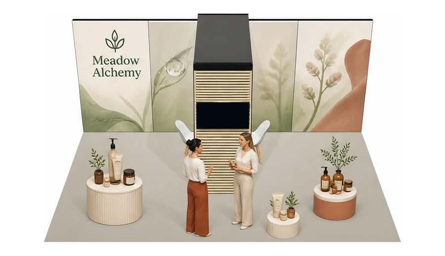 Stoisko 6 × 4 m półwyspowe dla branży kosmetyki naturalne, przykładowa marka Meadow Alchemy