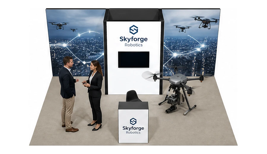 Stoisko 6 × 4 m półwyspowe dla branży drony i robotyka, przykładowa marka Skyforge Robotics