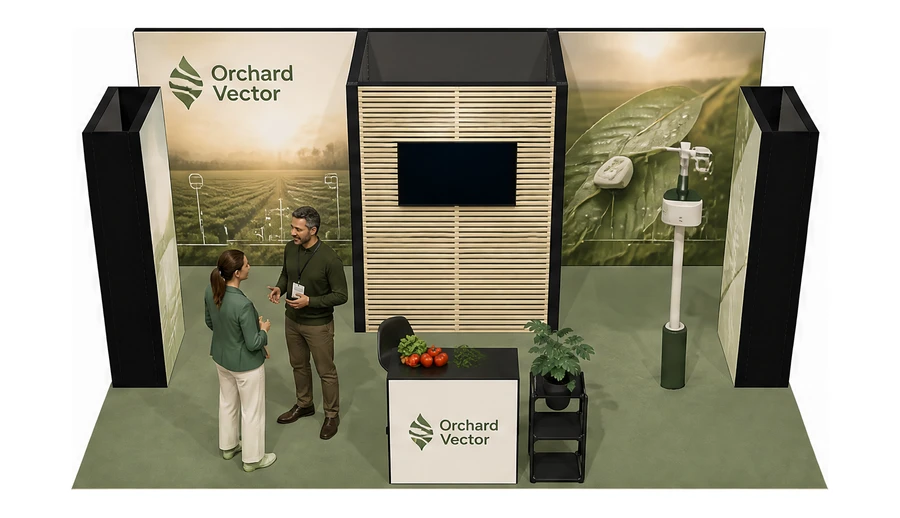 Stoisko 6 × 4 m półwyspowe dla branży sadownictwo i warzywnictwo, przykładowa marka Orchard Vector
