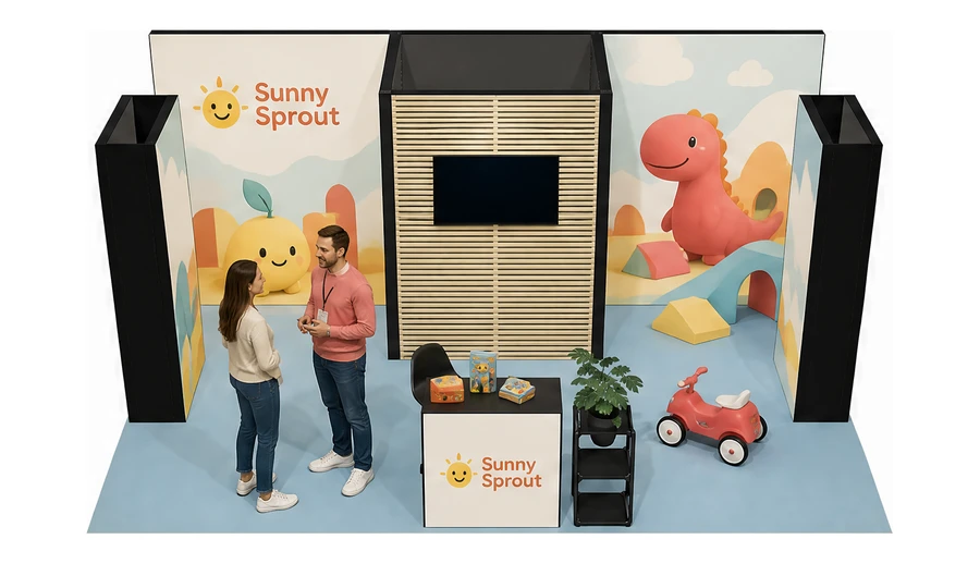 Stoisko 6 × 4 m półwyspowe dla branży zabawki i artykuły dziecięce, przykładowa marka Sunny Sprout