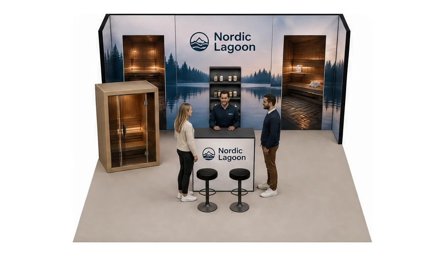 Stoisko 6 × 5 m półwyspowe dla branży baseny i sauny, przykładowa marka Nordic Lagoon
