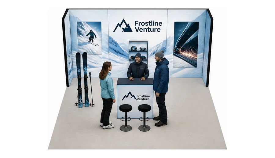 Stoisko 6 × 5 m półwyspowe dla branży narciarstwo i sporty zimowe, przykładowa marka Frostline Venture