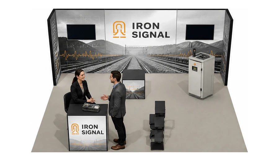 Stoisko 6 × 5 m półwyspowe dla branży kolej i tabor, przykładowa marka Iron Signal