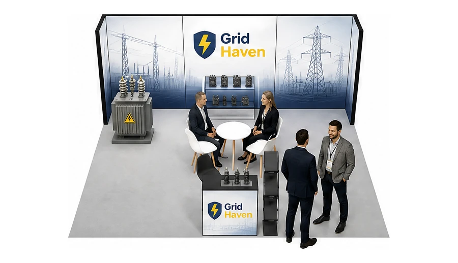 Stoisko 6 × 5 m półwyspowe dla branży energetyka i sieci, przykładowa marka Grid Haven