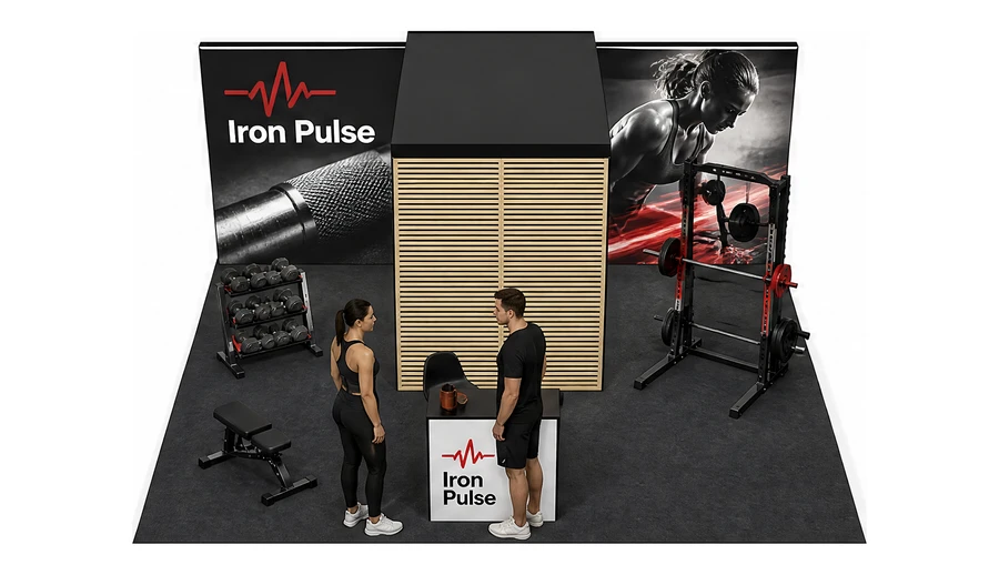 Stoisko 6 × 5 m półwyspowe dla branży fitness i siłownie, przykładowa marka Iron Pulse