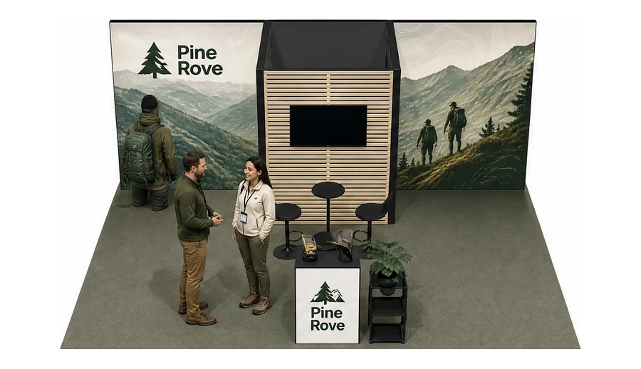 Stoisko 6 × 5 m półwyspowe dla branży odzież i sprzęt outdoorowy, przykładowa marka Pine Rove
