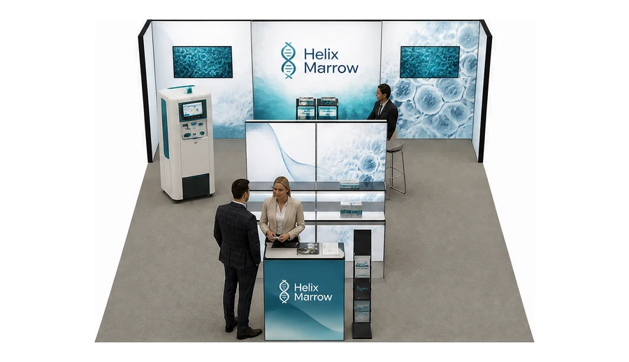 Stoisko 6 × 6 m półwyspowe dla branży farmacja i biotechnologia, przykładowa marka Helix Marrow