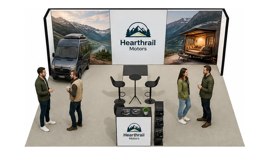 Stoisko 6 × 6 m półwyspowe dla branży caravaning i kampery, przykładowa marka Hearthtrail Motors