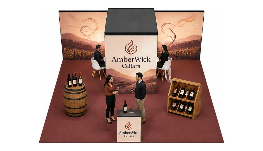Stoisko 6 × 6 m półwyspowe dla branży winnica, przykładowa marka AmberWick Cellars