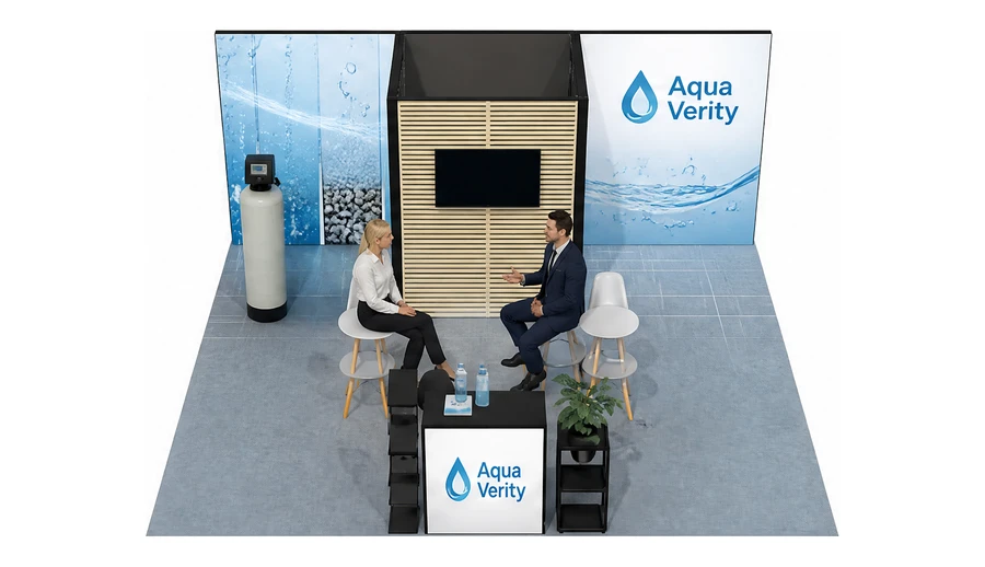 Stoisko 6 × 6 m półwyspowe dla branży technologie wodne, przykładowa marka Aqua Verity