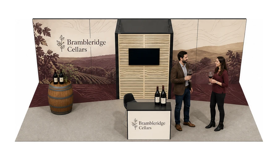 Stoisko 8 × 4 m półwyspowe dla branży winnica, przykładowa marka Brambleridge Cellars