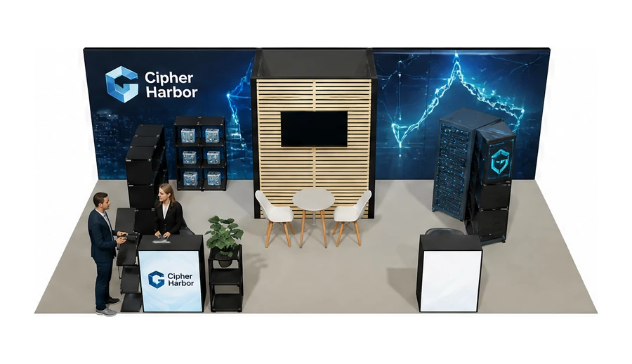 Stoisko 8 × 4 m półwyspowe dla branży cyberbezpieczeństwo, przykładowa marka Cipher Harbor