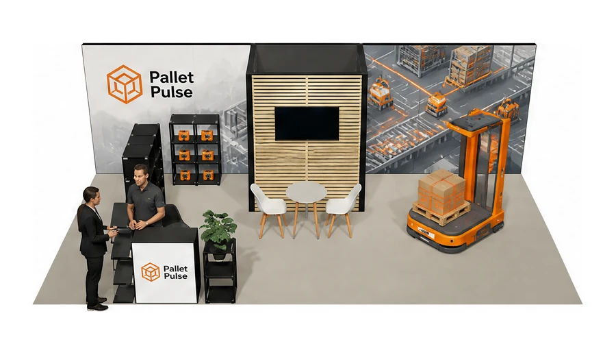 Stoisko 8 × 4 m półwyspowe dla branży intralogistyka i magazyn, przykładowa marka Pallet Pulse