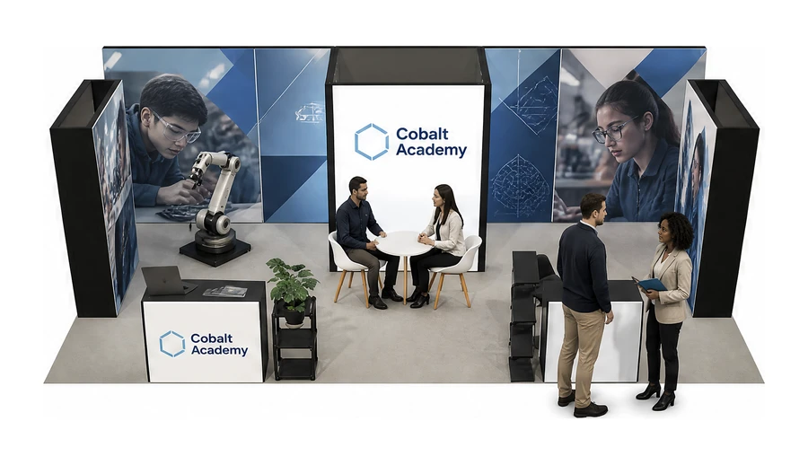 Stoisko 8 × 4 m półwyspowe dla branży edukacja i szkolenia, przykładowa marka Cobalt Academy