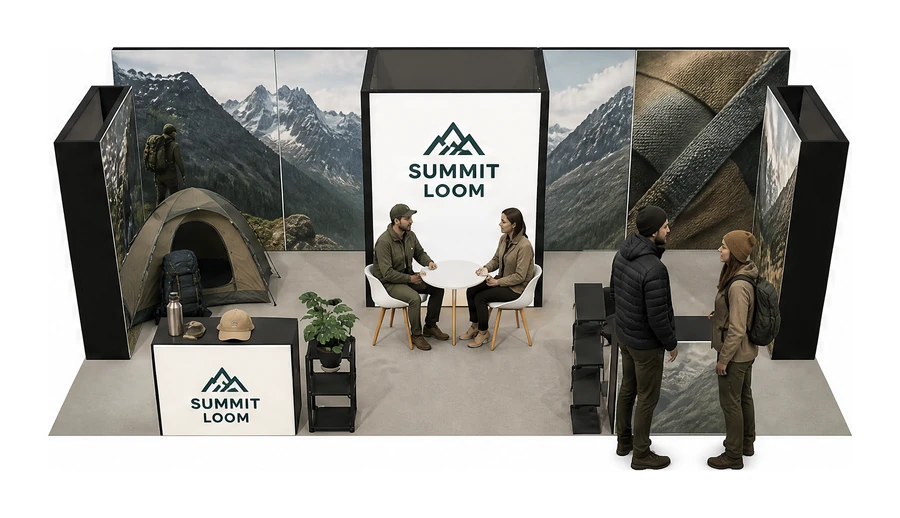 Stoisko 8 × 4 m półwyspowe dla branży odzież i sprzęt outdoorowy, przykładowa marka Summit Loom