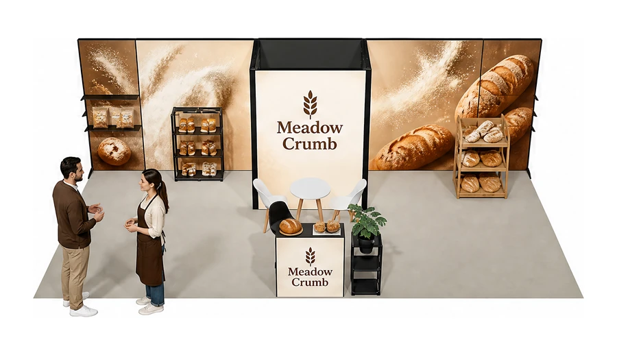 Stoisko 8 × 4 m półwyspowe dla branży piekarnictwo i cukiernictwo, przykładowa marka Meadow Crumb