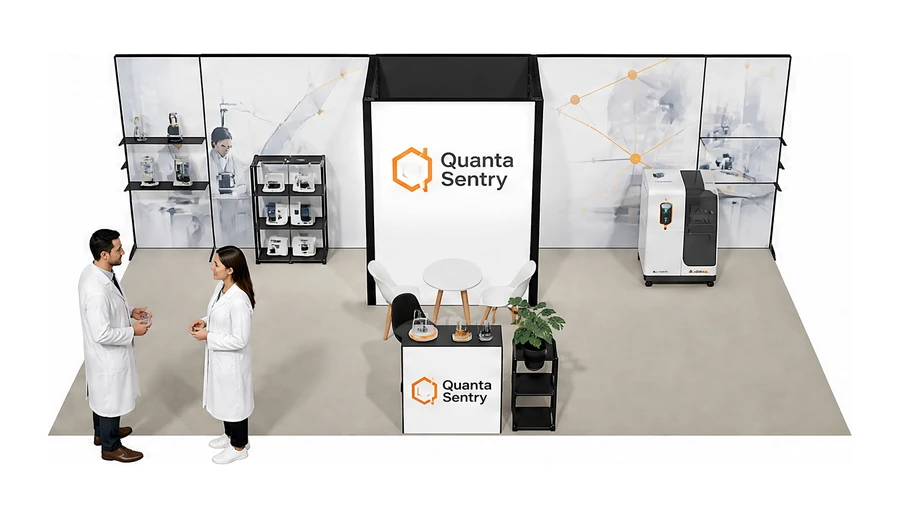 Stoisko 8 × 4 m półwyspowe dla branży sprzęt laboratoryjny, przykładowa marka Quanta Sentry