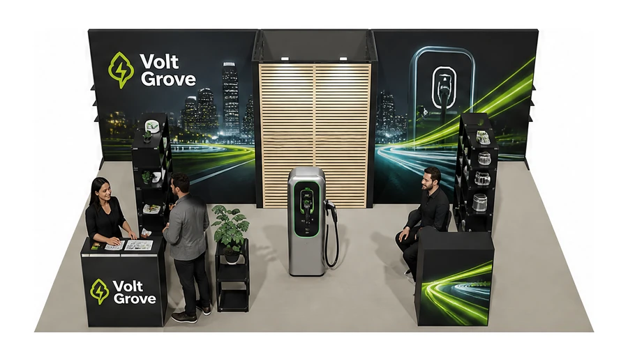 Stoisko 8 × 4 m półwyspowe dla branży elektromobilność i ładowarki, przykładowa marka Volt Grove