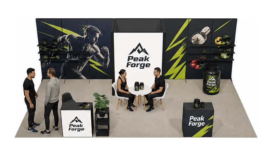 Stoisko 8 × 4 m półwyspowe dla branży suplementy diety, przykładowa marka Peak Forge