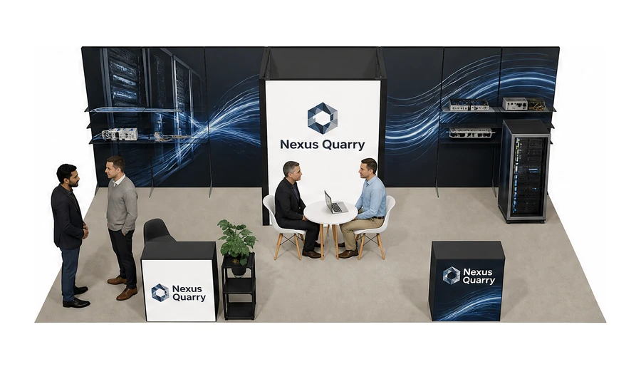 Stoisko 8 × 4 m półwyspowe dla branży infrastruktura IT i data center, przykładowa marka Nexus Quarry