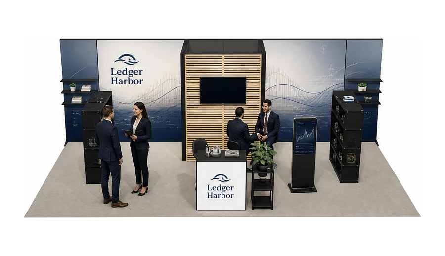Stoisko 8 × 4 m półwyspowe dla branży usługi finansowe i księgowe, przykładowa marka Ledger Harbor