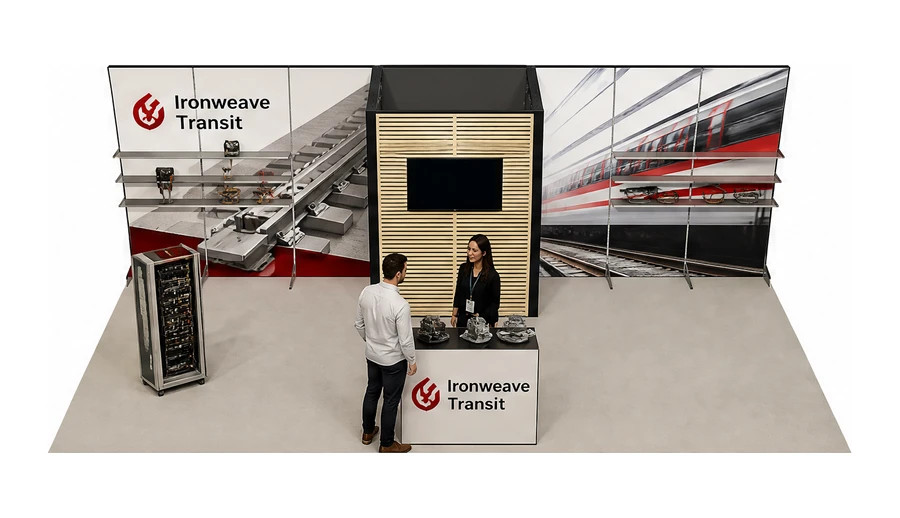 Stoisko 8 × 4 m półwyspowe dla branży kolej i tabor, przykładowa marka Ironweave Transit