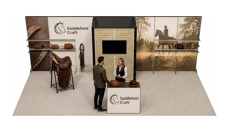 Stoisko 8 × 4 m półwyspowe dla branży jeździectwo, przykładowa marka Saddlefield Craft