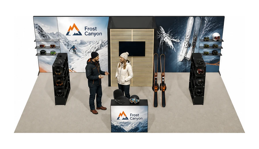 Stoisko 8 × 4 m półwyspowe dla branży narciarstwo i sporty zimowe, przykładowa marka Frost Canyon