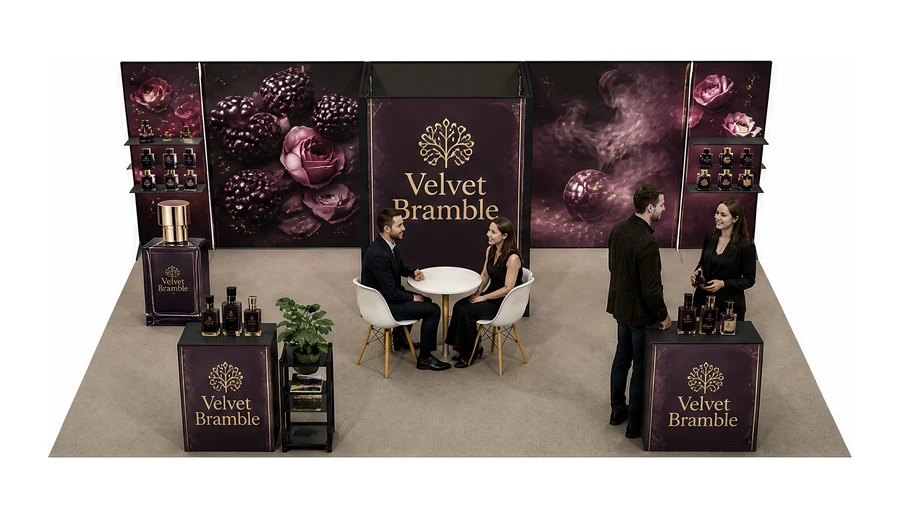 Stoisko 8 × 4 m półwyspowe dla branży perfumy, przykładowa marka Velvet Bramble