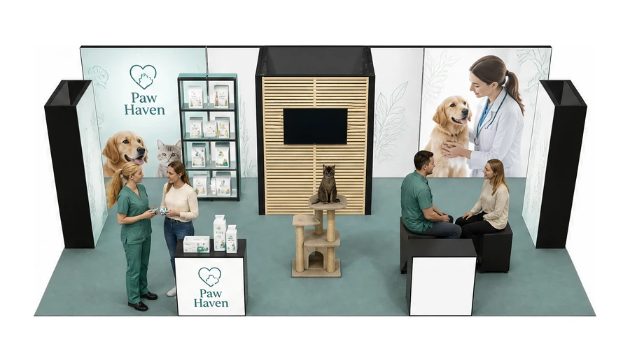 Stoisko 8 × 4 m półwyspowe dla branży weterynaria, przykładowa marka Paw Haven