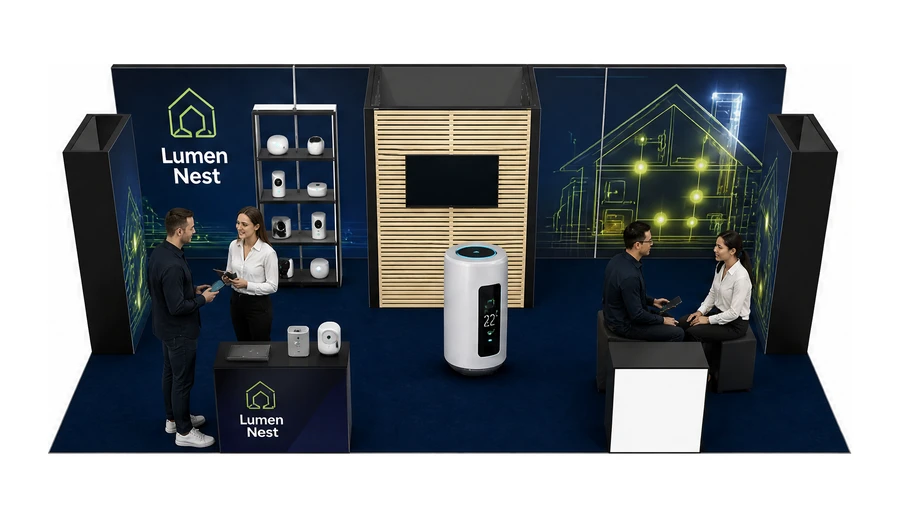 Stoisko 8 × 4 m półwyspowe dla branży smart home i IoT, przykładowa marka Lumen Nest
