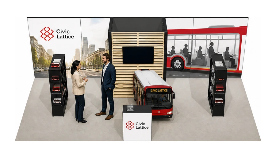 Stoisko 8 × 4 m półwyspowe dla branży autobusy i transport zbiorowy, przykładowa marka Civic Lattice