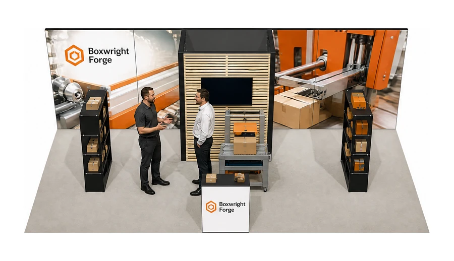 Stoisko 8 × 4 m półwyspowe dla branży maszyny pakujące, przykładowa marka Boxwright Forge