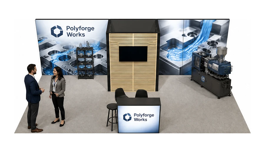 Stoisko 8 × 4 m półwyspowe dla branży przetwórstwo tworzyw, przykładowa marka Polyforge Works