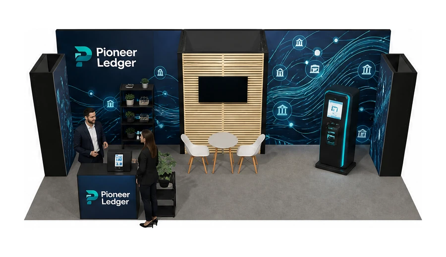 Stoisko 8 × 4 m półwyspowe dla branży płatności online, przykładowa marka Pioneer Ledger