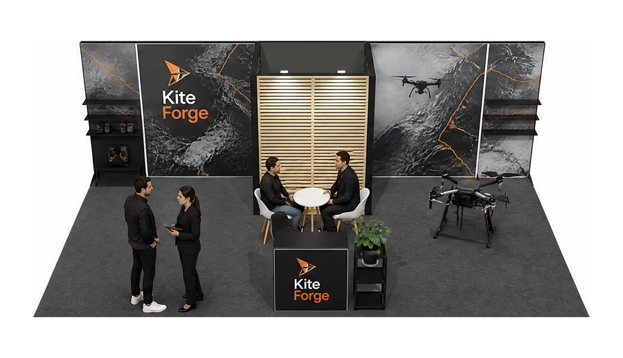 Stoisko 8 × 4 m półwyspowe dla branży drony i robotyka, przykładowa marka Kite Forge