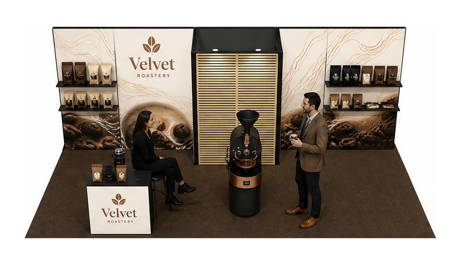 Stoisko 8 × 4 m półwyspowe dla branży palarnia kawy, przykładowa marka Velvet Roastery