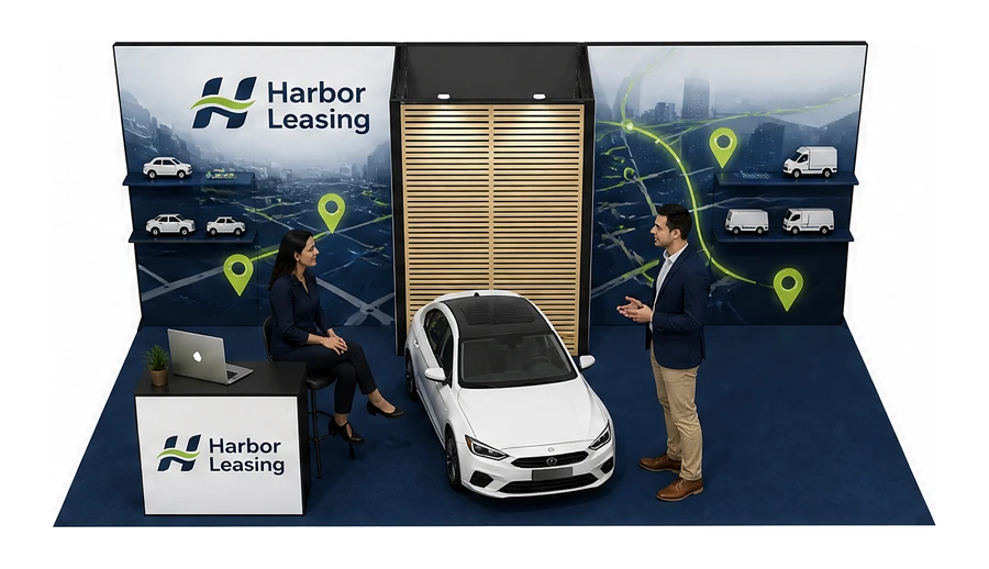 Stoisko 8 × 4 m półwyspowe dla branży flota i leasing aut, przykładowa marka Harbor Leasing