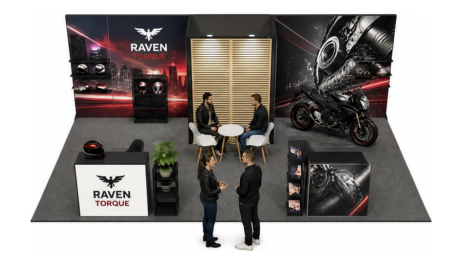 Stoisko 8 × 4 m półwyspowe dla branży motocykle i skutery, przykładowa marka Raven Torque
