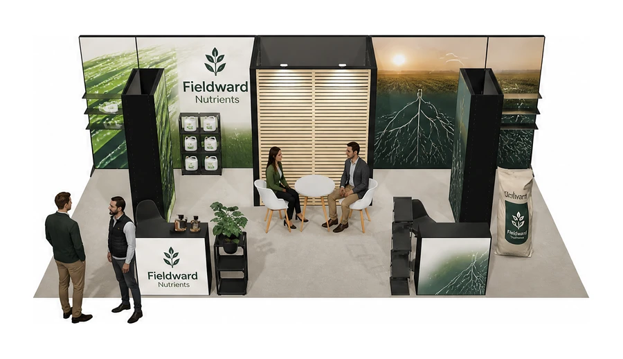 Stoisko 8 × 4 m półwyspowe dla branży nawozy i ochrona roślin, przykładowa marka Fieldward Nutrients