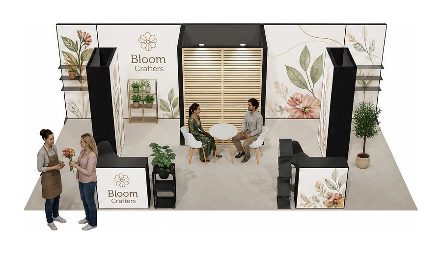 Stoisko 8 × 4 m półwyspowe dla branży rośliny i kwiaciarstwo, przykładowa marka Bloom Crafters