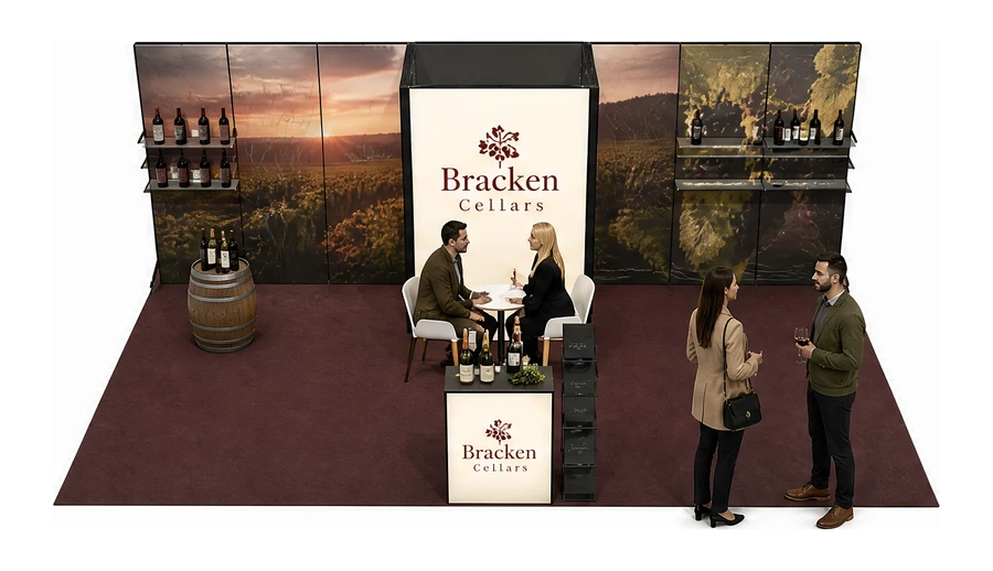 Stoisko 8 × 4 m półwyspowe dla branży winnica, przykładowa marka Bracken Cellars