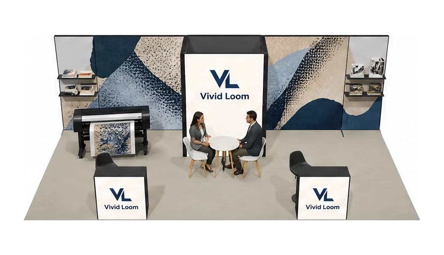Stoisko 8 × 4 m półwyspowe dla branży reklama i druk, przykładowa marka Vivid Loom