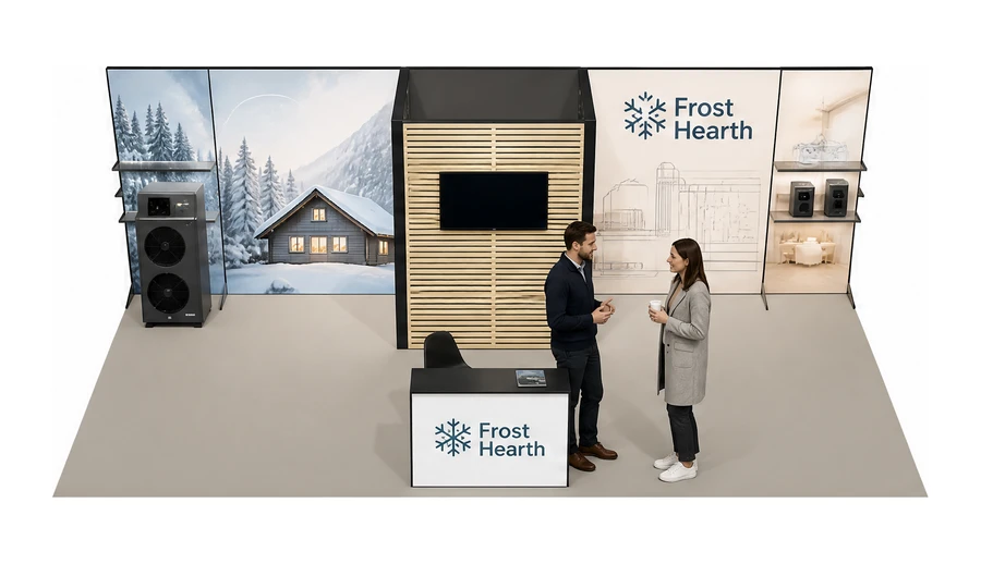 Stoisko 8 × 4 m półwyspowe dla branży pompy ciepła i ogrzewanie, przykładowa marka Frost Hearth