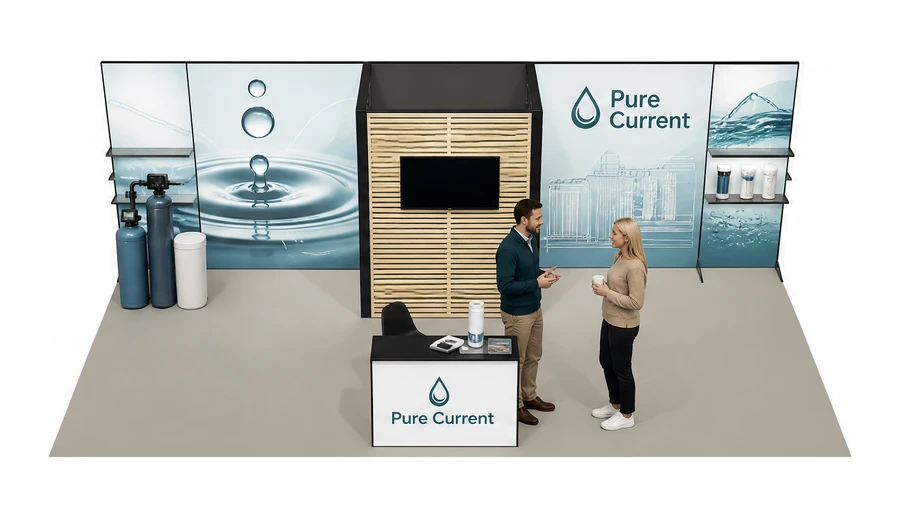 Stoisko 8 × 4 m półwyspowe dla branży technologie wodne, przykładowa marka Pure Current