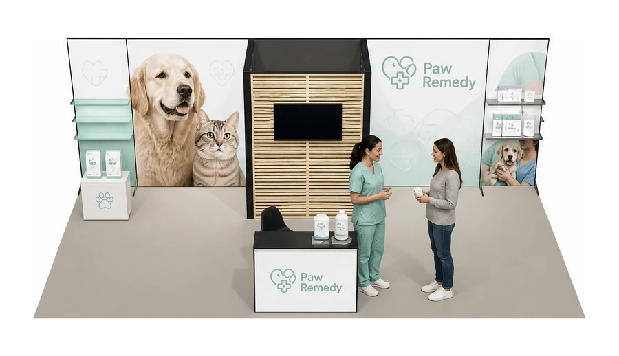 Stoisko 8 × 4 m półwyspowe dla branży weterynaria, przykładowa marka Paw Remedy