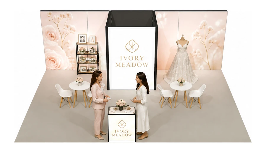 Stoisko 8 × 5 m półwyspowe dla branży branża ślubna, przykładowa marka Ivory Meadow