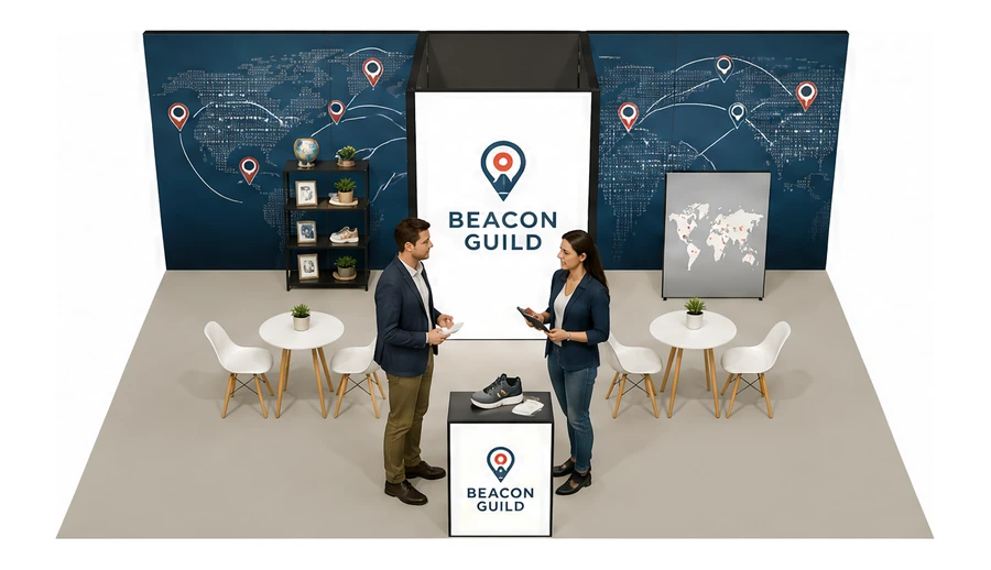 Stoisko 8 × 5 m półwyspowe dla branży franczyza i sieci, przykładowa marka Beacon Guild