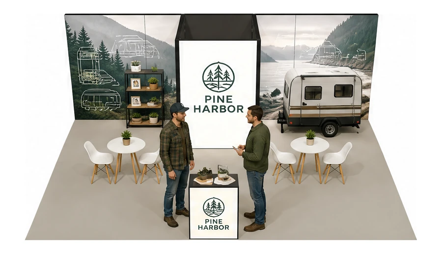 Stoisko 8 × 5 m półwyspowe dla branży caravaning i kampery, przykładowa marka Pine Harbor