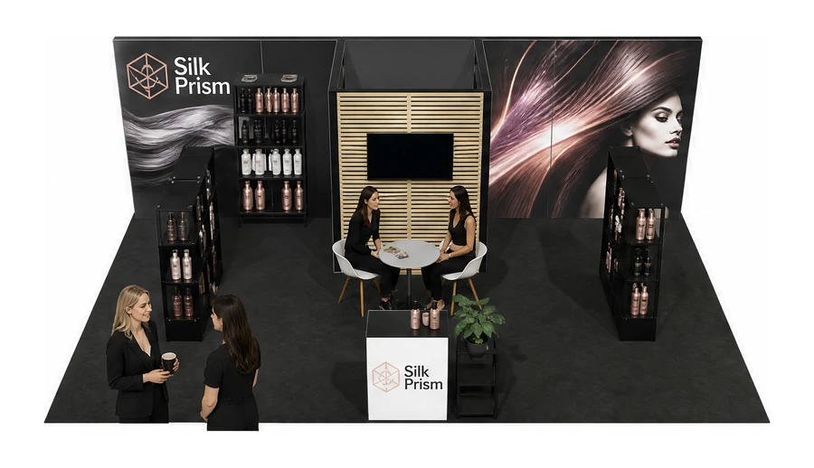 Stoisko 8 × 5 m półwyspowe dla branży fryzjerstwo i salony beauty, przykładowa marka Silk Prism